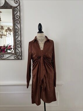 Peach Love California Brown Satin Twist-Front Long Sleeve Dress
